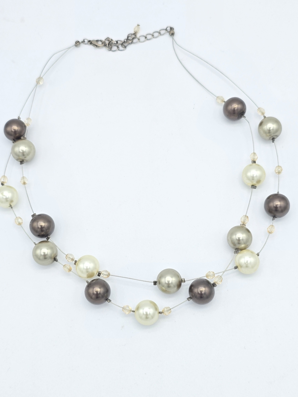 Double Strand Floating Illusion Beaded Necklace Bronze Champagne Pearls
